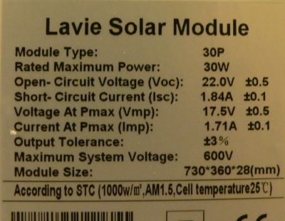 30 Watt Solar Panel M30wattLable.jpg, 24 kB